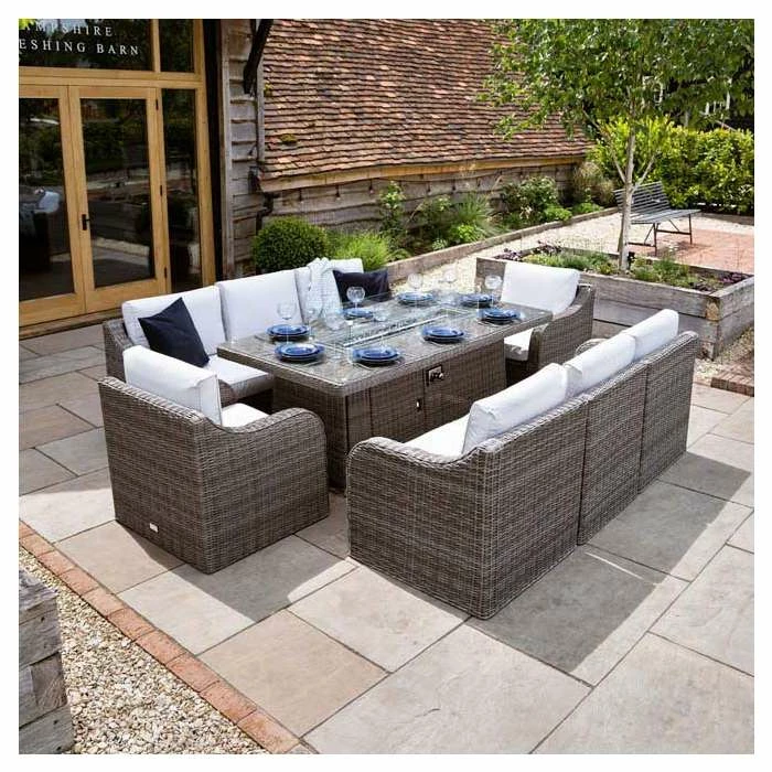 'Peony' Luxury Rattan 8 Seater Garden Sofa Set with Rectangular Fire Pit Table in Stone by Primrose Living 2 'Peony' Luxury Rattan 8 Seater Garden Sofa Set with Rectangular Fire Pit Table in Stone by Primrose Living - Image 2