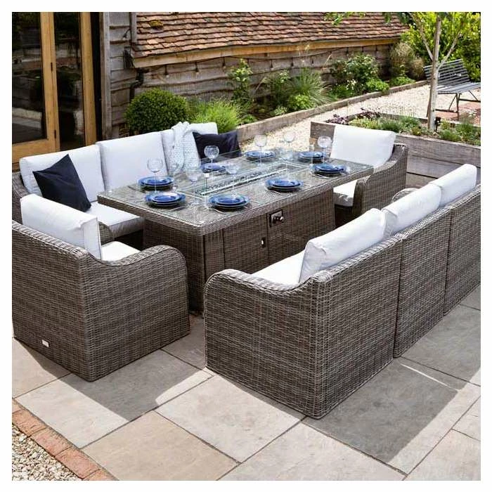 'Peony' Luxury Rattan 8 Seater Garden Sofa Set with Rectangular Fire Pit Table in Stone by Primrose Living 1 'Peony' Luxury Rattan 8 Seater Garden Sofa Set with Rectangular Fire Pit Table in Stone by Primrose Living