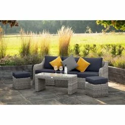 'Peony' Luxury Rattan 5 Seater Garden Sofa Set with Coffee Table and Footstools in Pebble by Primrose Living -Garden Furniture Shop FU102407 Light Grey FullSetFurther 42a4