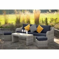 'Peony' Luxury Rattan 5 Seater Garden Sofa Set with Coffee Table and Footstools in Pebble by Primrose Living