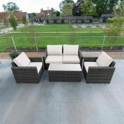 'Iris' Luxury Rattan 4 Seater Garden Sofa Set with Coffee Table in Stone by Primrose Living