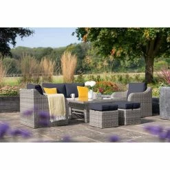 'Peony' Luxury Rattan 6 Seater Garden Sofa Set with Square Rising Table and Parasol in Pebble by Primrose Living -Garden Furniture Shop FU102416 Light Grey FullSetFlower 11cf
