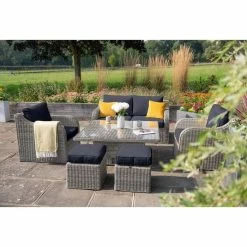 'Peony' Luxury Rattan 6 Seater Garden Sofa Set with Square Rising Table and Parasol in Pebble by Primrose Living -Garden Furniture Shop FU102416 Light Grey FullSetTreeNoPara b906