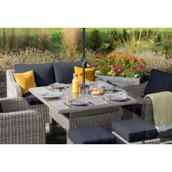 'Peony' Luxury Rattan 6 Seater Garden Sofa Set with Square Rising Table and Parasol in Pebble by Primrose Living -Garden Furniture Shop FU102416 Light Grey TableRisen c24f