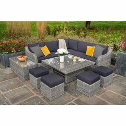 'Peony' Luxury Rattan 9 Seater Garden Sofa Set with Square Rising Table and Footstools in Pebble by Primrose Living