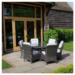 Classic Rattan 6 Seater Circular Garden Dining Set with Parasol in Stone by Primrose Living -Garden Furniture Shop FU102446 2 f34d