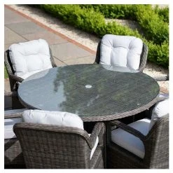 Classic Rattan 6 Seater Circular Garden Dining Set with Parasol in Stone by Primrose Living -Garden Furniture Shop FU102446 3 d7ca