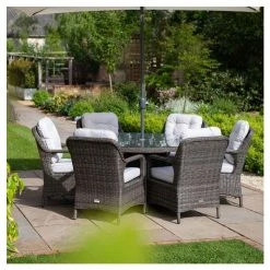 Classic Rattan 6 Seater Circular Garden Dining Set with Parasol in Stone by Primrose Living -Garden Furniture Shop FU102446 6 ad4b