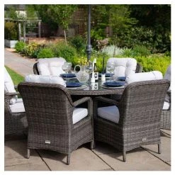 Classic Rattan 6 Seater Circular Garden Dining Set with Parasol in Stone by Primrose Living -Garden Furniture Shop FU102446 7 c092