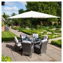 Classic Rattan 6 Seater Circular Garden Dining Set with Parasol in Stone by Primrose Living -Garden Furniture Shop FU102446 8 7687