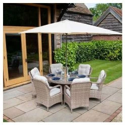 Classic Rattan 6 Seater Circular Garden Dining Set with Parasol by Primrose Living -Garden Furniture Shop FU102447 13c1