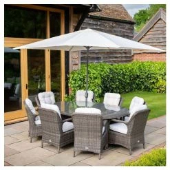 Classic Rattan 8 Seater Oval Garden Dining Set with Parasol in Stone by Primrose Living -Garden Furniture Shop FU102448 1 4d4c