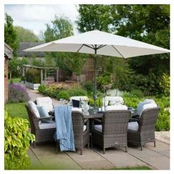 Classic Rattan 8 Seater Oval Garden Dining Set with Parasol in Stone by Primrose Living -Garden Furniture Shop FU102448 2ed1