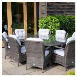 Classic Rattan 8 Seater Oval Garden Dining Set with Parasol in Stone by Primrose Living -Garden Furniture Shop FU102448 3 d1a2