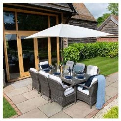 Classic Rattan 8 Seater Rectangular Garden Dining Set with Parasol in Stone by Primrose Living -Garden Furniture Shop FU102450 1 211f