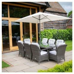 Classic Rattan 8 Seater Rectangular Garden Dining Set with Parasol in Stone by Primrose Living -Garden Furniture Shop FU102450 1a4e