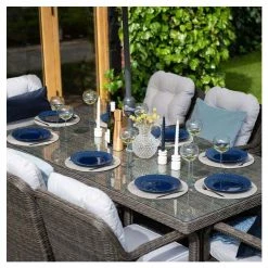 Classic Rattan 8 Seater Rectangular Garden Dining Set with Parasol in Stone by Primrose Living -Garden Furniture Shop FU102450 2 2 ff45