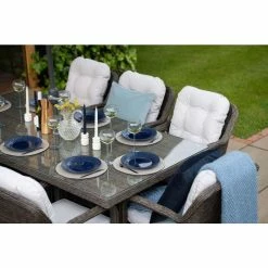 Classic Rattan 8 Seater Rectangular Garden Dining Set with Parasol in Stone by Primrose Living