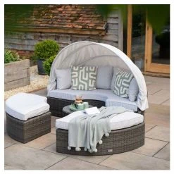 Classic Rattan Modular Daybed Sofa Set with Retractable Canopy in Stone by Primrose Living -Garden Furniture Shop FU102452 8 164a