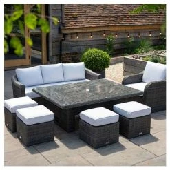 Classic Rattan 8 Seater Garden Sofa Set with Rectangular Rising Table and Parasol in Stone by Primrose Living -Garden Furniture Shop FU102460 5 79e6