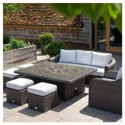 Classic Rattan 8 Seater Garden Sofa Set with Rectangular Rising Table and Parasol in Stone by Primrose Living -Garden Furniture Shop FU102460 6 94a2