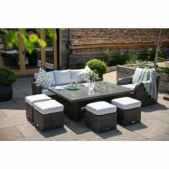 Classic Rattan 8 Seater Garden Sofa Set with Rectangular Rising Table and Parasol in Stone by Primrose Living