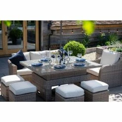 Classic Rattan 8 Seater Garden Sofa Set with Rectangular Rising Table and Parasol by Primrose Living