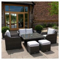 Classic Rattan 6 Seater Garden Sofa Set with Square Rising Table and Parasol in Stone by Primrose Living -Garden Furniture Shop FU102462 1 9067