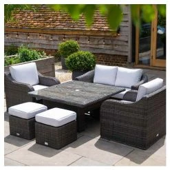 Classic Rattan 6 Seater Garden Sofa Set with Square Rising Table and Parasol in Stone by Primrose Living -Garden Furniture Shop FU102462 1 2 08db