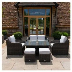 Classic Rattan 6 Seater Garden Sofa Set with Square Rising Table and Parasol in Stone by Primrose Living -Garden Furniture Shop FU102462 2 9e18