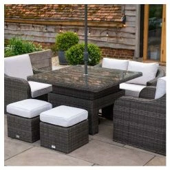 Classic Rattan 6 Seater Garden Sofa Set with Square Rising Table and Parasol in Stone by Primrose Living -Garden Furniture Shop FU102462 6 f5a4