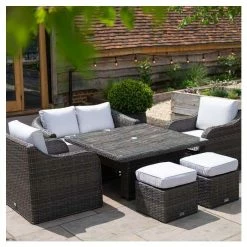 Classic Rattan 6 Seater Garden Sofa Set with Square Rising Table and Parasol in Stone by Primrose Living -Garden Furniture Shop FU102462 7c19