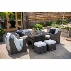 Classic Rattan 6 Seater Garden Sofa Set with Square Rising Table and Parasol in Stone by Primrose Living