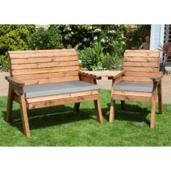 Charles Taylor Wooden Garden 3 Seat Angled Companion Set with Grey Cushion and Fitted Cover
