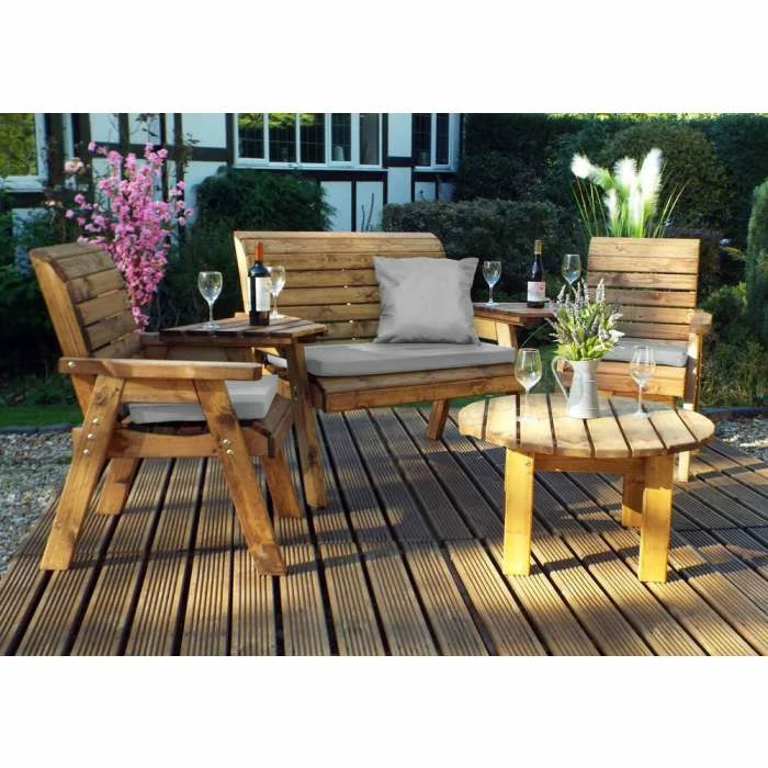 Charles Taylor Wooden Garden 4 Seater Set Round with Grey Cushion 1 Charles Taylor Wooden Garden 4 Seater Set Round with Grey Cushion