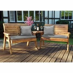 Charles Taylor Wooden Garden Twin Bench Angled Set with Grey Cushion and Standard Covers