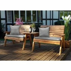 Charles Taylor Wooden Garden Twin Bench Set with Grey Cushion and Standard Covers
