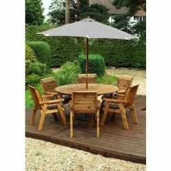 Charles Taylor Wooden Garden Six Seater Circular Table Set with Grey Cushion and Parasol