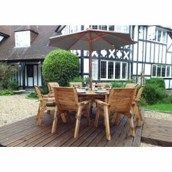 Charles Taylor Wooden Garden Eight Seater Circular Table Set with Grey Cushion and Parasol