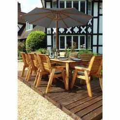 Charles Taylor Wooden Garden Eight Seater Rectangular Table Set with Grey Cushion and Parasol