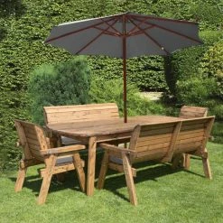 Charles Taylor Wooden Garden Eight Seater Table Set with Grey Cushion and Parasol