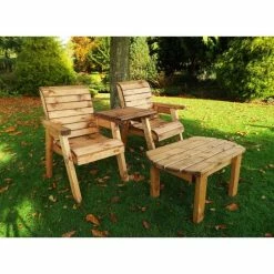 Wooden Garden Love Seat with Dining Tray Green Cushions and Fitted Cover
