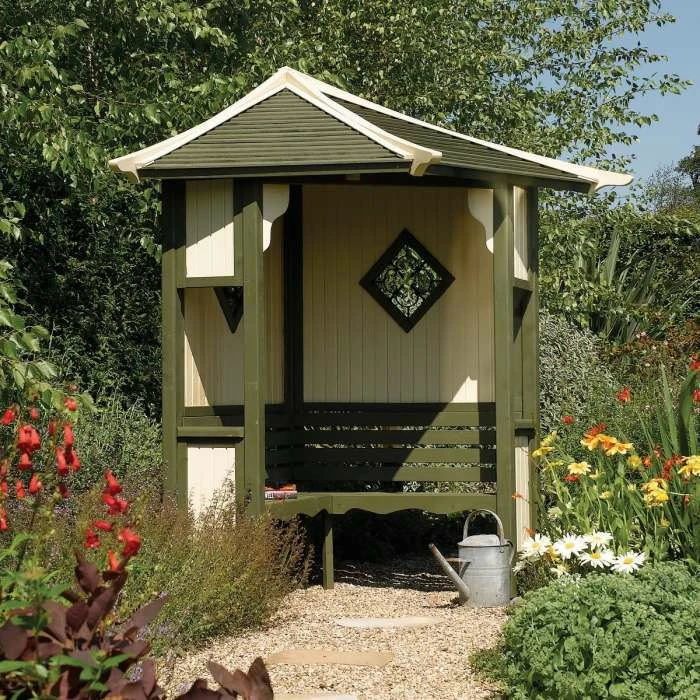 Haven Wooden Three Seater Corner Arbour with Green and White Detailing by Rowlinson® - 2.5m 2 Haven Wooden Three Seater Corner Arbour with Green and White Detailing by Rowlinson® - 2.5m - Image 2