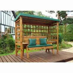 Wentworth Wooden Three Seater Arbour with Cushions and Canvas Canopy - 2.3m, Green -Garden Furniture Shop GS9364 3 0772