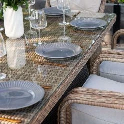Luxury Rattan 8 Seater Rectangular Garden Dining Set with Parasol by Primrose Living -Garden Furniture Shop Natural FU102221 3 TableClose e6b4