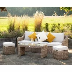 'Peony' Luxury Rattan 5 Seater Modular Garden Sofa Set with Coffee Table and Footstools by Primrose Living