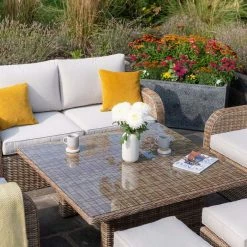 'Peony' Luxury Rattan 6 Seater Modular Garden Sofa Set with Square Rising Table and Parasol by Primrose Living -Garden Furniture Shop Natural FU102230 1 Table 500c