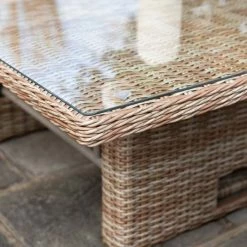 'Peony' Luxury Rattan 6 Seater Modular Garden Sofa Set with Square Rising Table and Parasol by Primrose Living -Garden Furniture Shop Natural FU102230 2 TableCloseCorner 3518