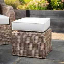 'Peony' Luxury Rattan 6 Seater Modular Garden Sofa Set with Square Rising Table and Parasol by Primrose Living -Garden Furniture Shop Natural FU102230 8 Footstool be25