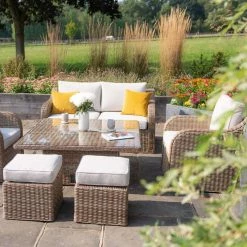 'Peony' Luxury Rattan 6 Seater Modular Garden Sofa Set with Square Rising Table and Parasol by Primrose Living -Garden Furniture Shop Natural FU102230 8 FullSetCloseFlower 56b2